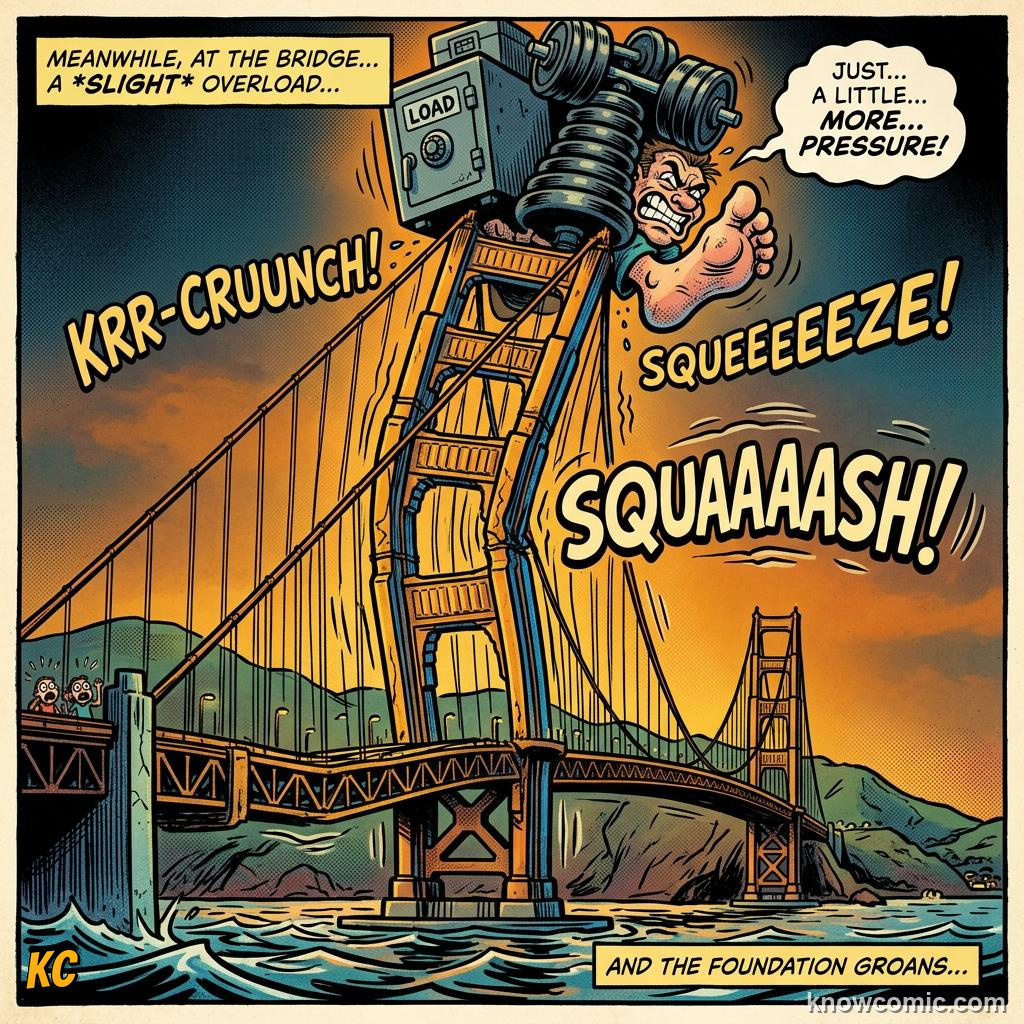 Comic panel about stress and strain: Compression, educational kids illustration