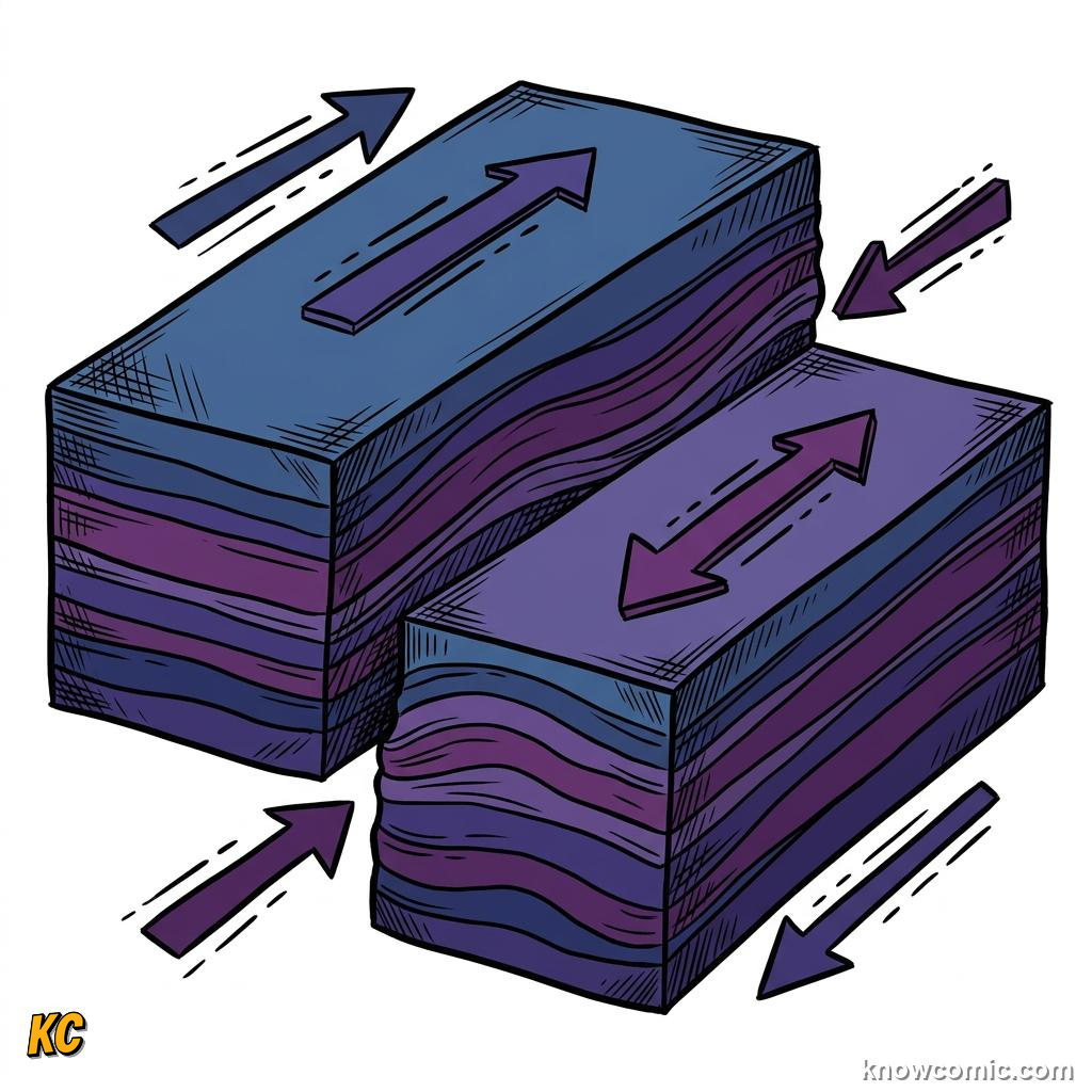 Comic panel about stress and strain: Shear, educational kids illustration