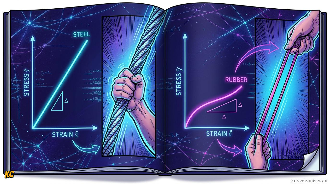 Comic panel about stress and strain: Young'S Modulus, educational kids illustration