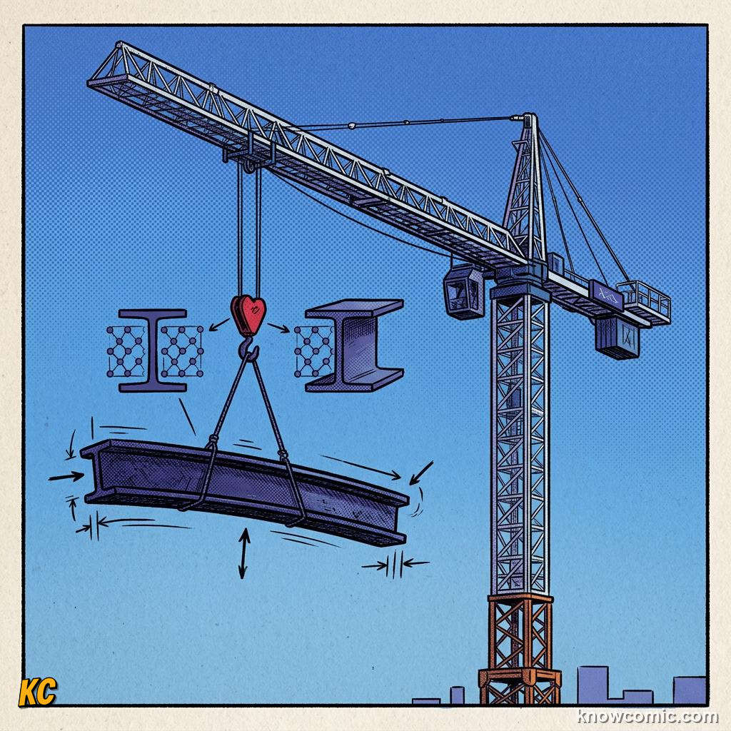 Comic panel about stress and strain: Stiff Steel, educational kids illustration