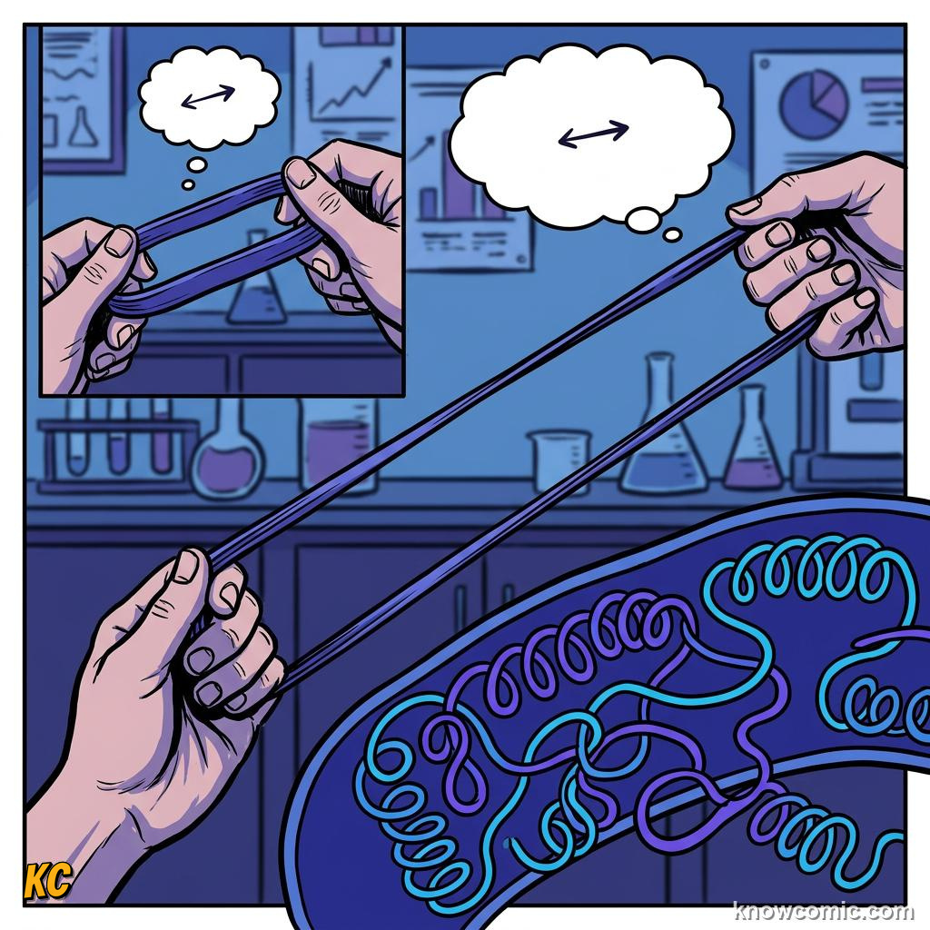 Comic panel about stress and strain: Softer Rubber, educational kids illustration