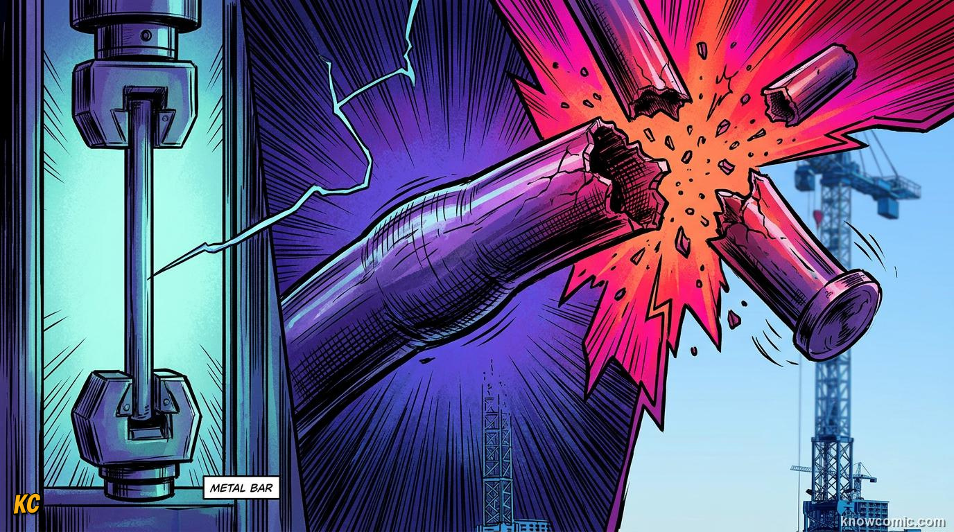 Comic panel about stress and strain: Stress ÷ Strain = Stiffness, The Snap Point, educational kids illustration