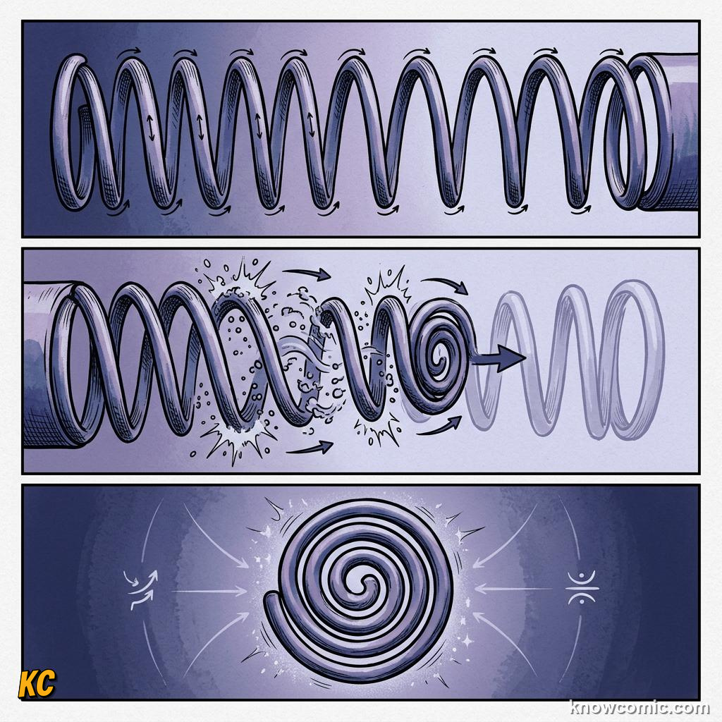 Comic panel about stress and strain: From Springy To Snapped, Elastic, educational kids illustration