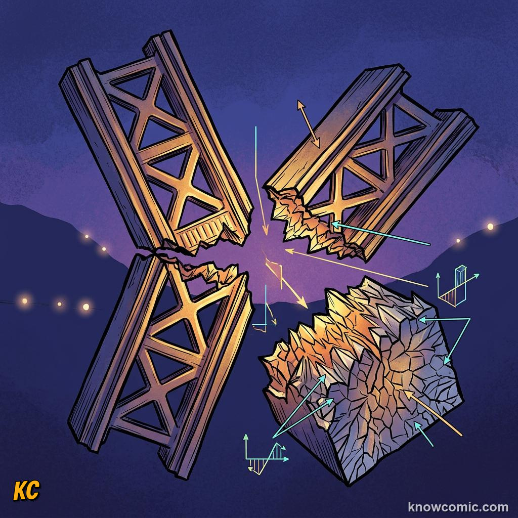 Comic panel about stress and strain: Fracture, educational kids illustration