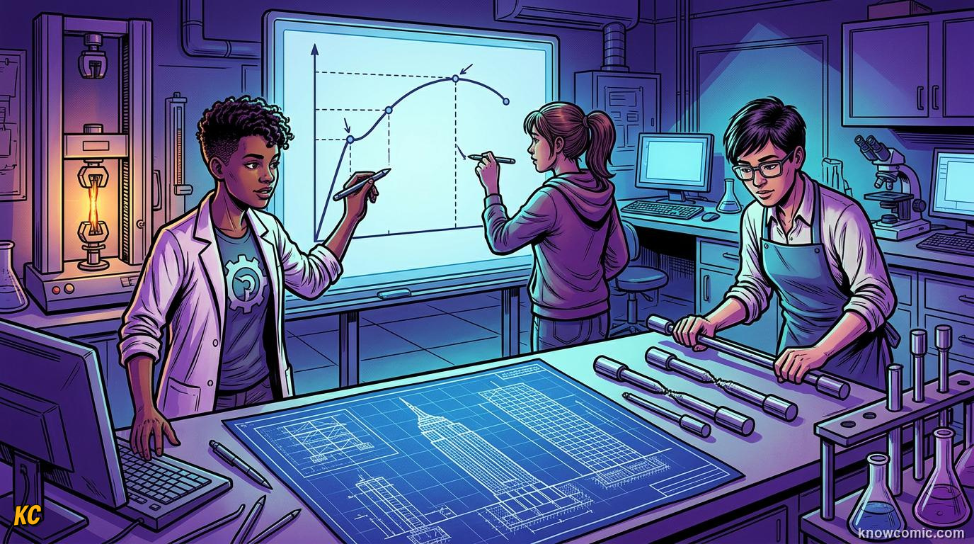 Comic panel about stress and strain: Materials Science, educational kids illustration