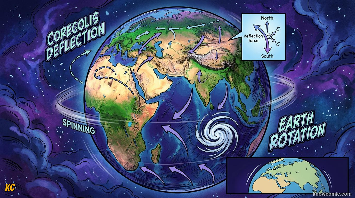 Comic panel about coriolis effect: The Rotating Planet, educational kids illustration