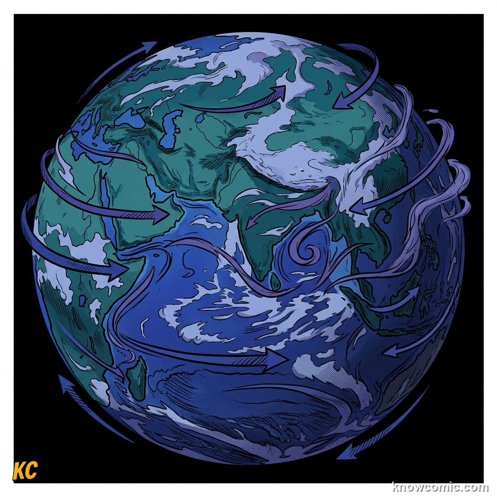 Comic panel about coriolis effect: Earth Never Stops Spinning, Apparent Curve, educational kids illustration