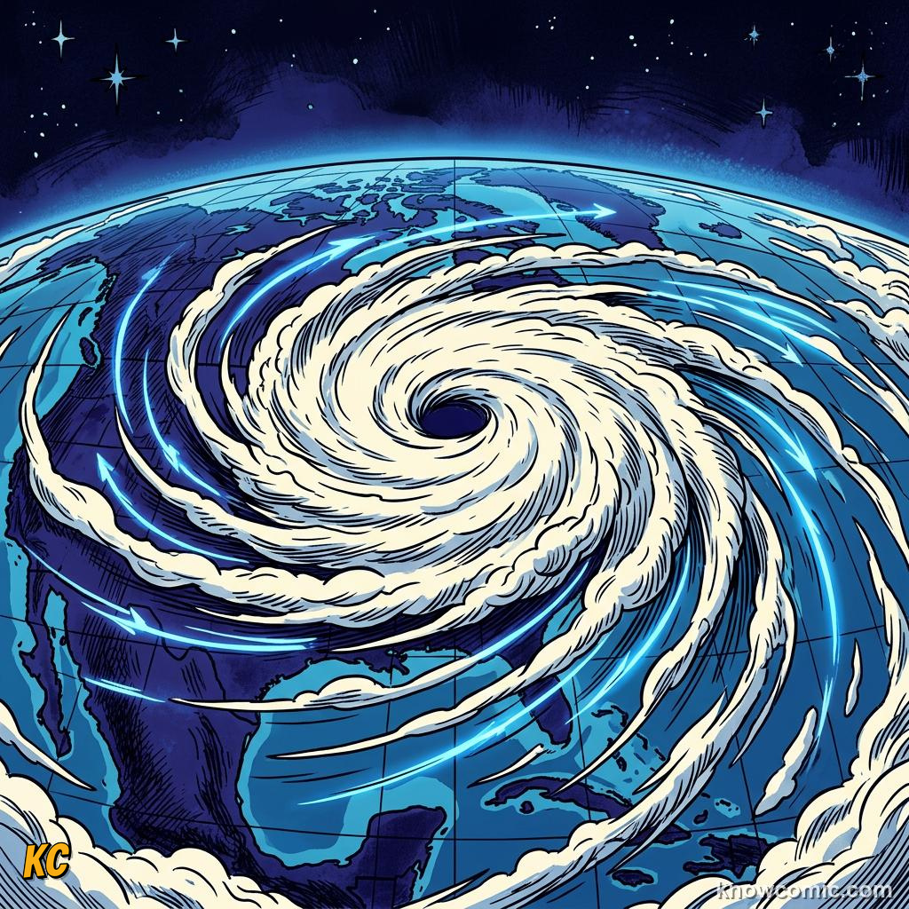Comic panel about coriolis effect: Not A Real Force, educational kids illustration