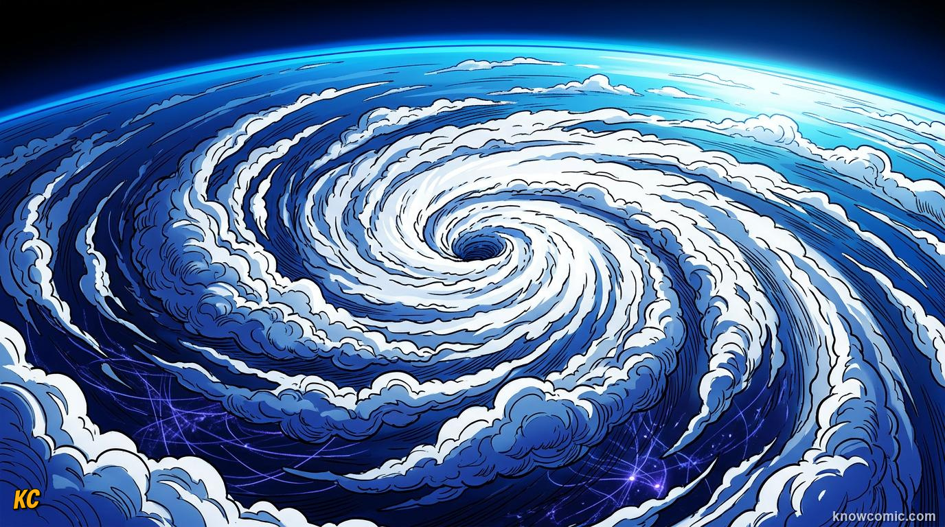 Comic panel about coriolis effect: Why Paths Bend, educational kids illustration
