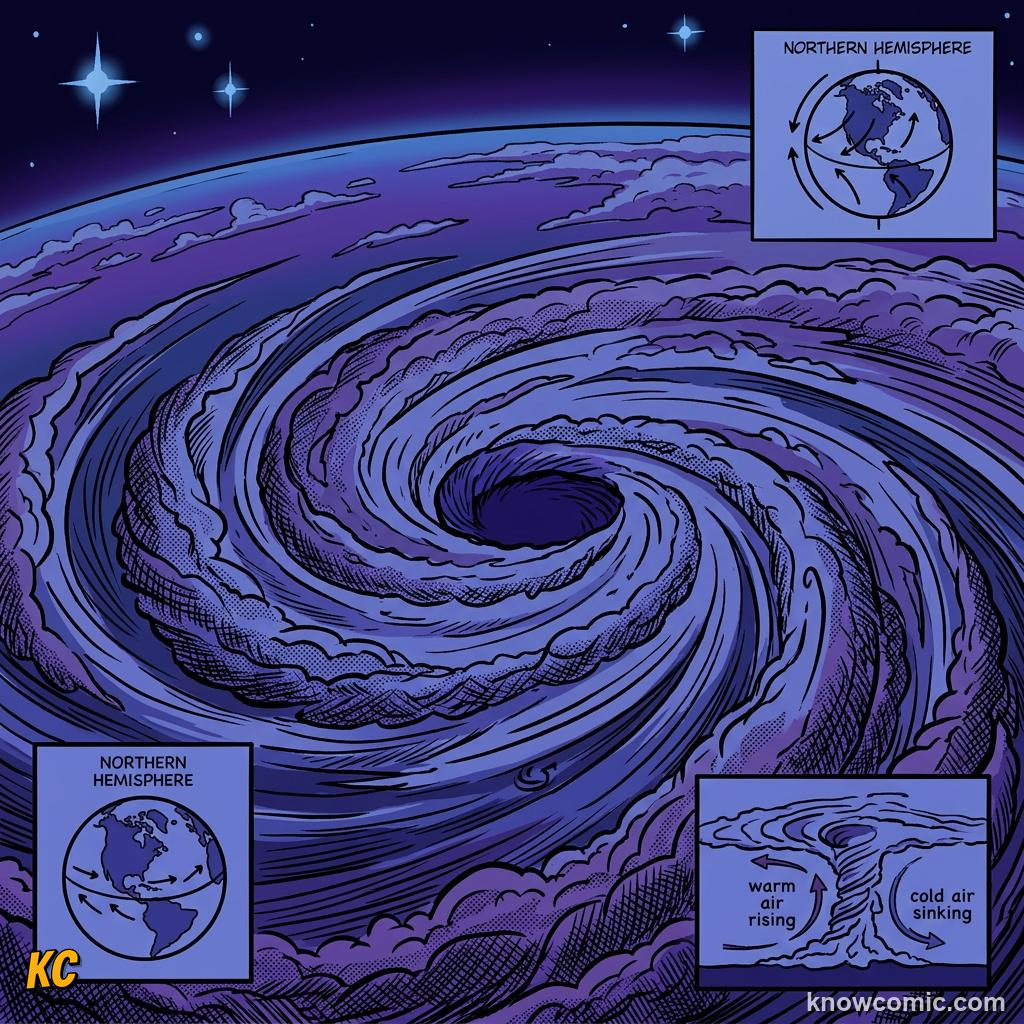 Comic panel about coriolis effect: Moving Ground, Curved Path, Faster At Equator, educational kids illustration