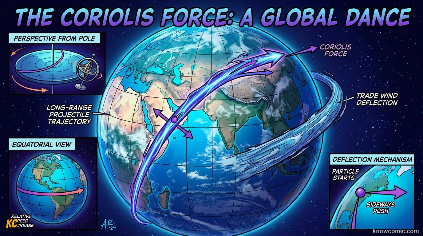 Comic panel about coriolis effect: The Hemisphere Rule, educational kids illustration