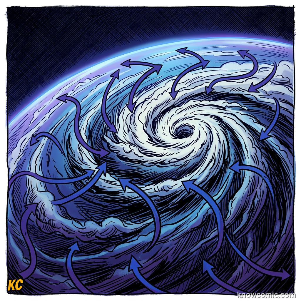 Comic panel about coriolis effect: Southern Hemisphere, educational kids illustration