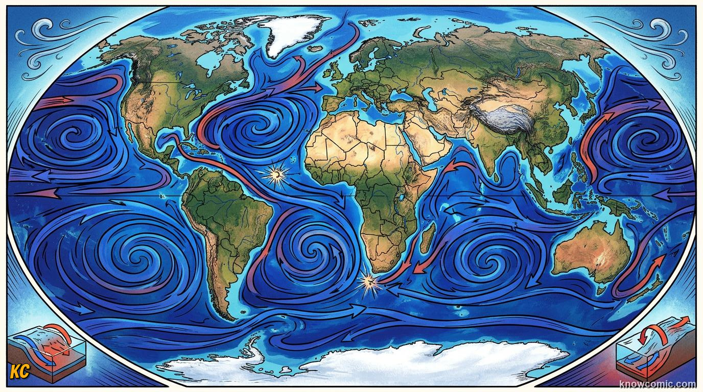Comic panel about coriolis effect: Right In The North, Left In The South, Global Patterns, educational kids illustration