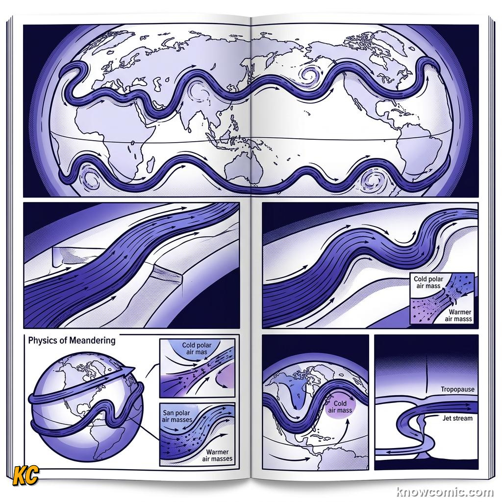 Comic panel about coriolis effect: Jet Stream, educational kids illustration
