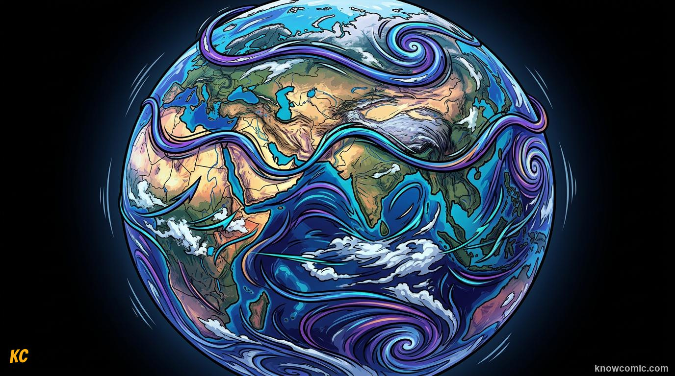 Comic panel about coriolis effect: Real-World Corrections, educational kids illustration