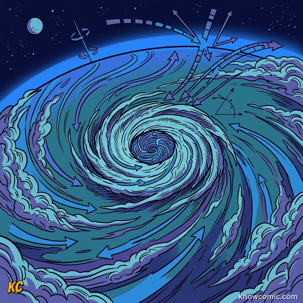 Comic panel about coriolis effect: Too Small For Your Sink, Huge For The Sky, Drain Myth Busted, educational kids illustration