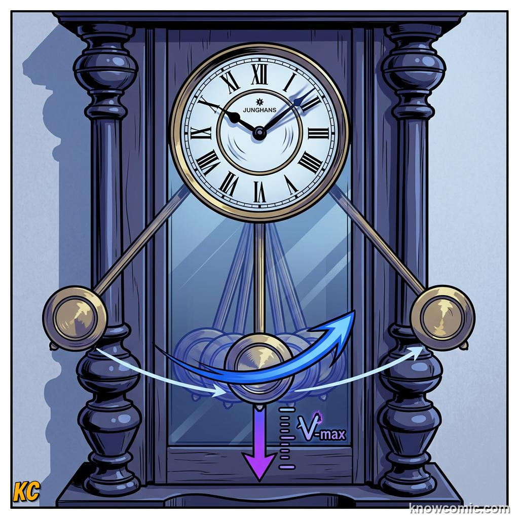 Comic panel about simple harmonic motion: Everywhere, educational kids illustration