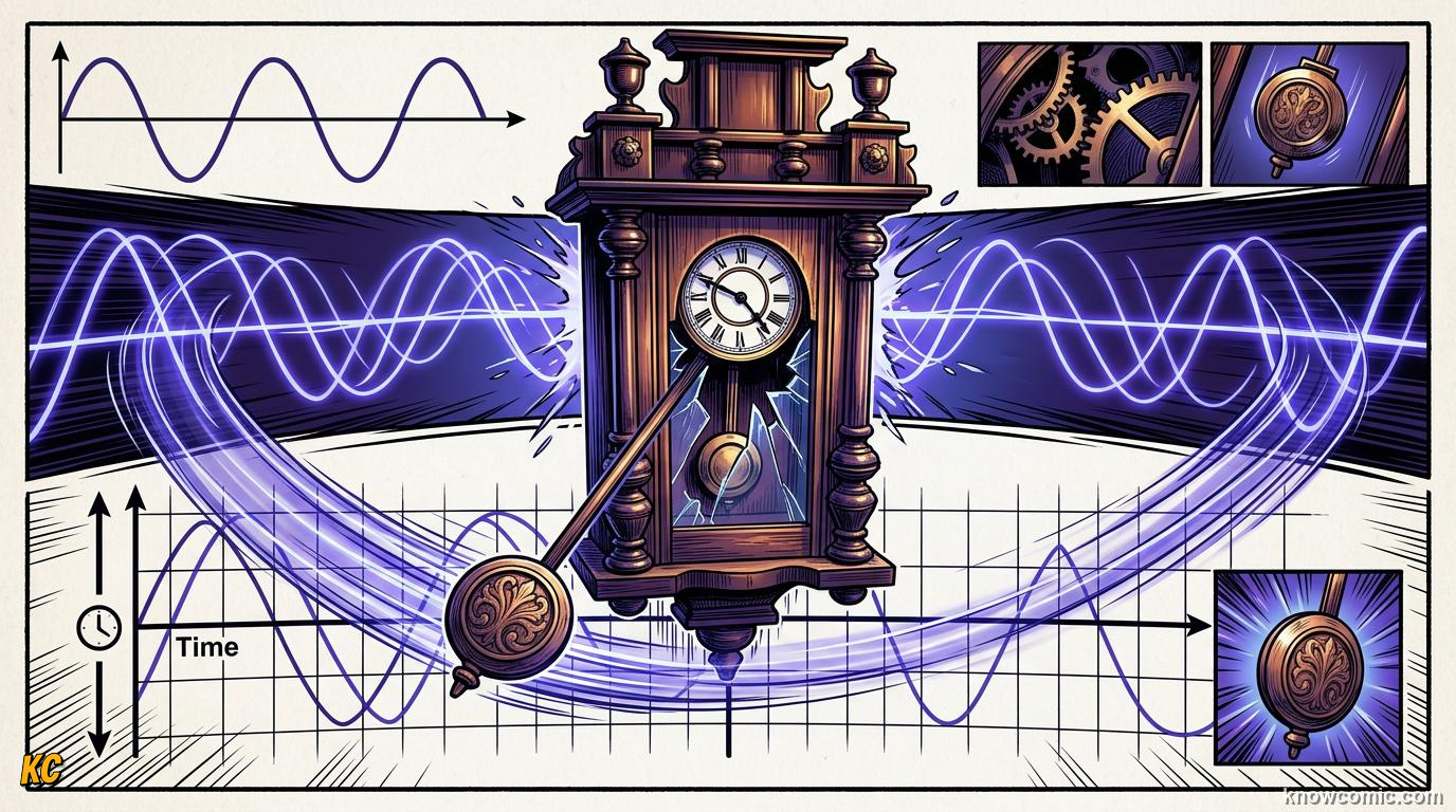 Comic panel about simple harmonic motion: Smooth Curve, educational kids illustration