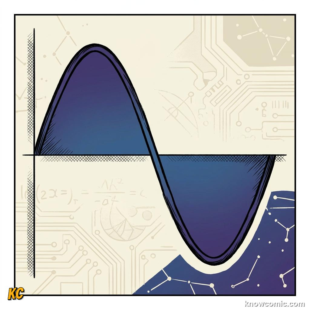 Comic panel about simple harmonic motion: Position Follows A Sine Wave, Amplitude, educational kids illustration