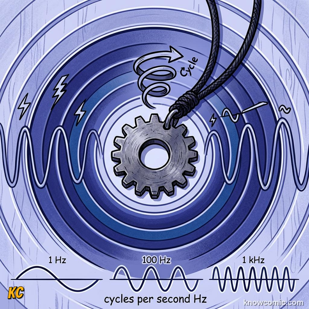 Comic panel about simple harmonic motion: Period, educational kids illustration