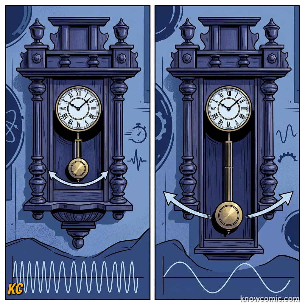 Comic panel about simple harmonic motion: Frequency, educational kids illustration
