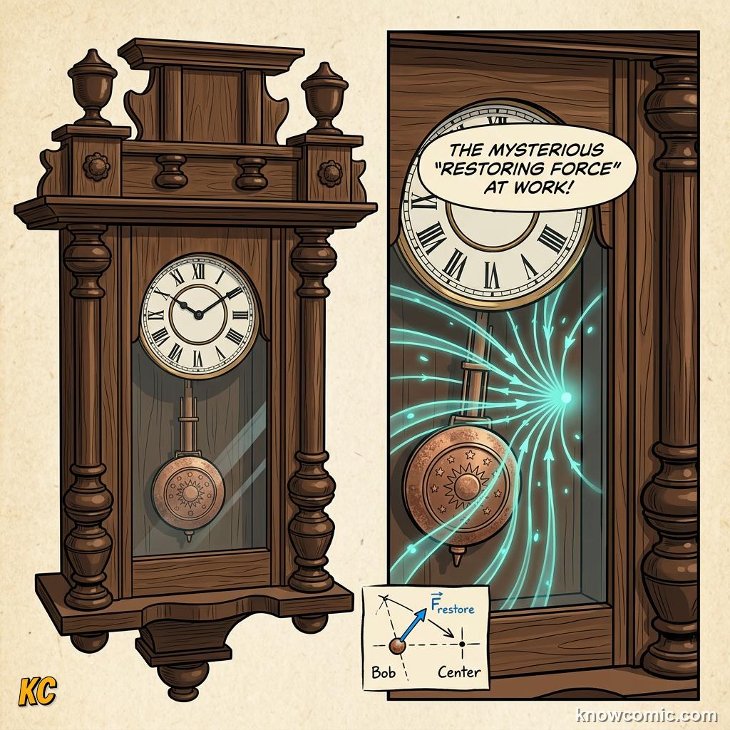 Comic panel about simple harmonic motion: Mass Myth, educational kids illustration