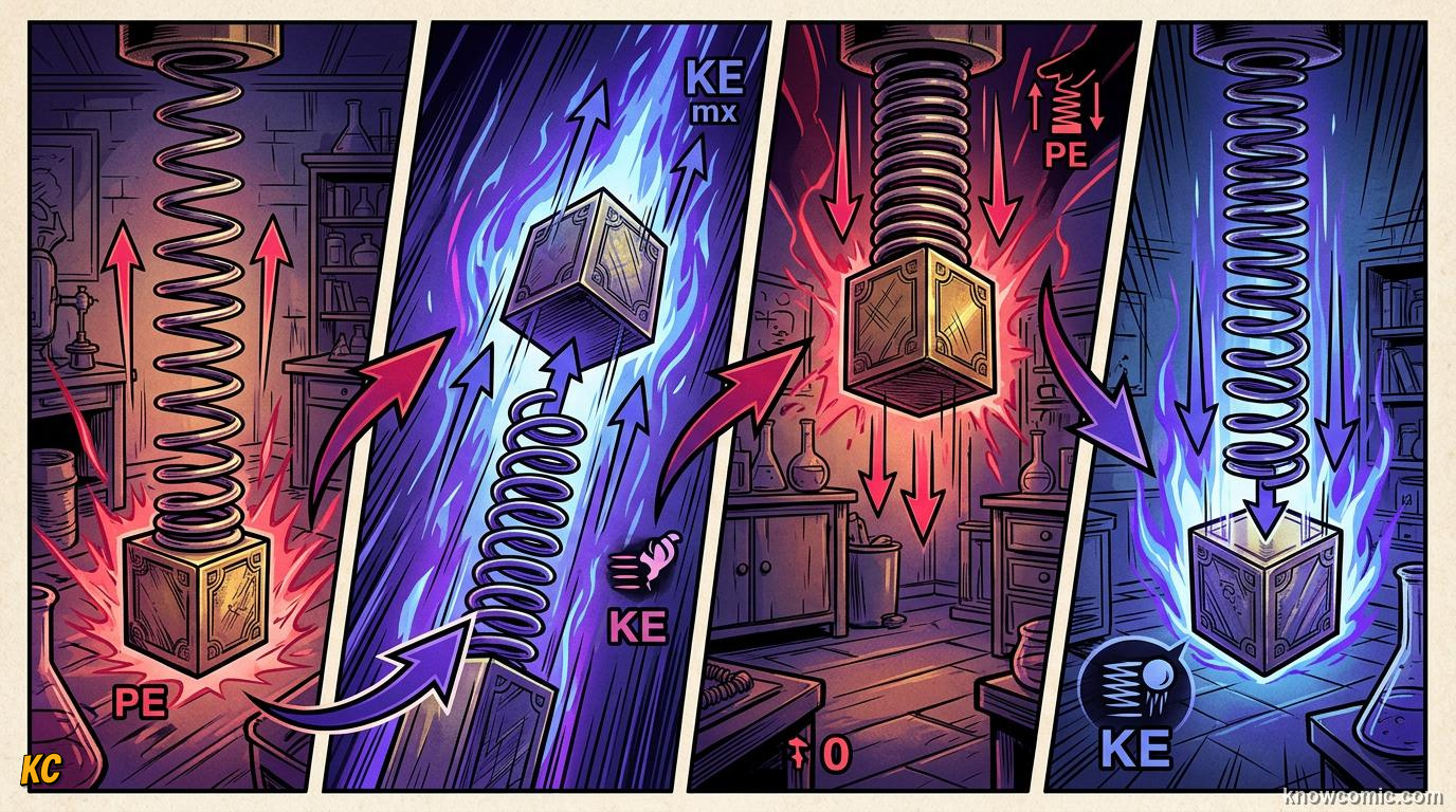 Comic panel about simple harmonic motion: T = 2Π√(L/G), The Universe'S Beat, educational kids illustration