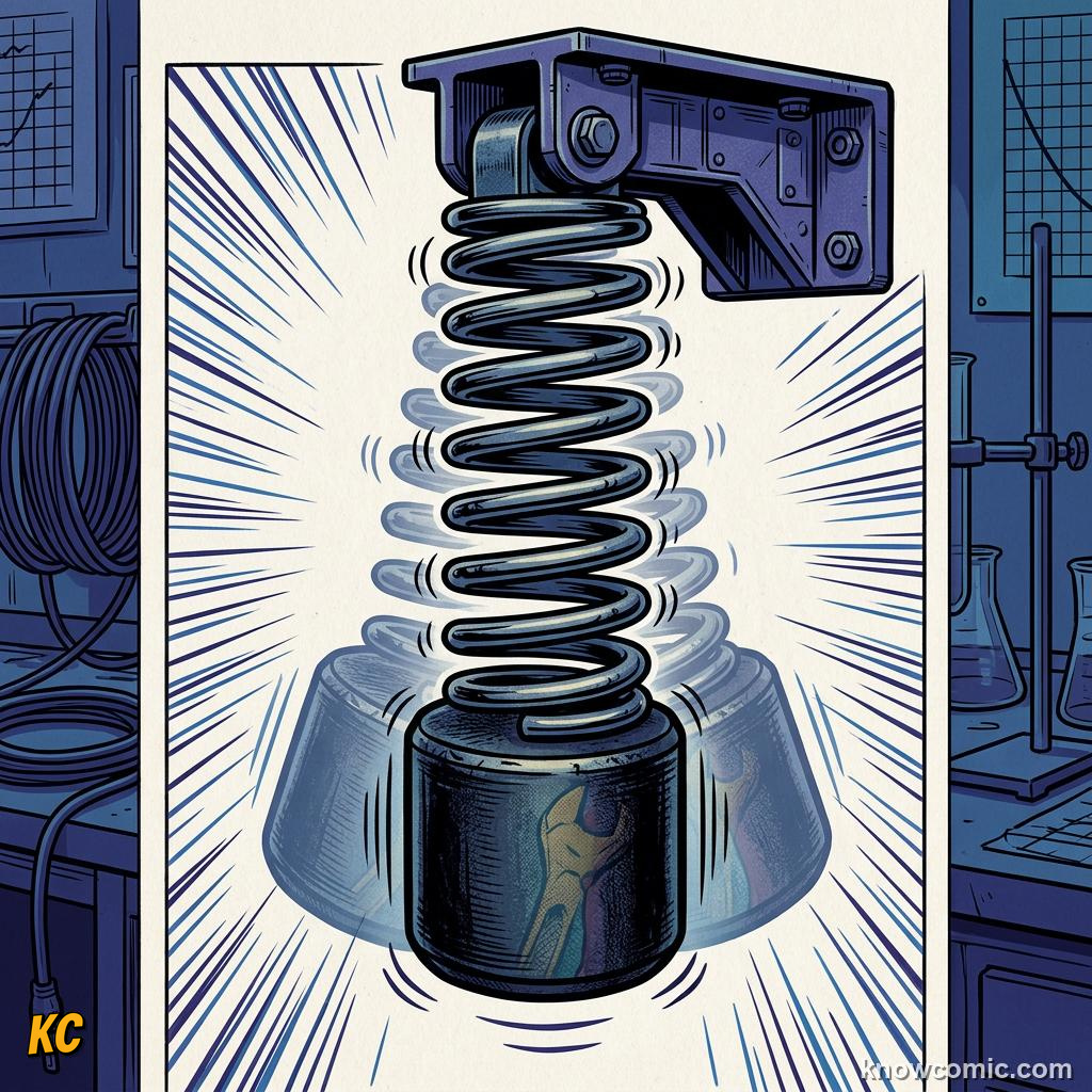 Comic panel about simple harmonic motion: Oscillations Link Together, Springs, educational kids illustration