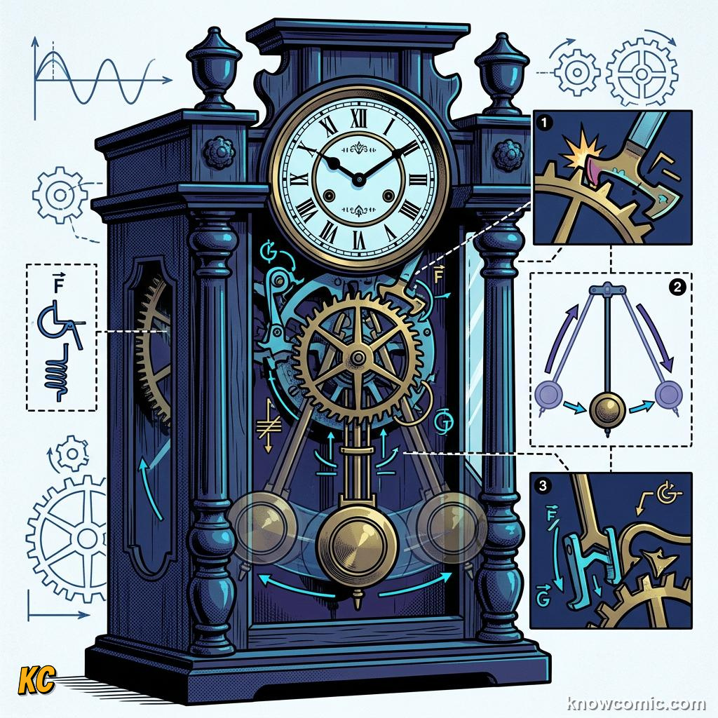 Comic panel about simple harmonic motion: Quartz Clock, educational kids illustration