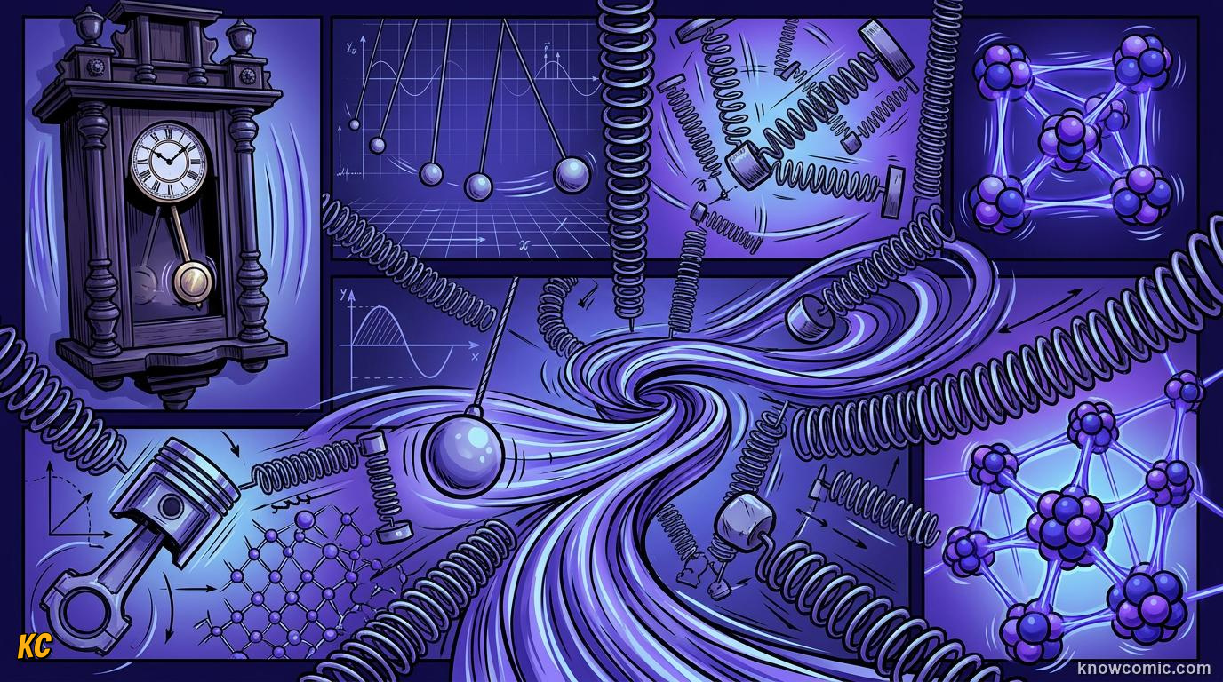 Comic panel about simple harmonic motion: Nature'S Rhythm, educational kids illustration