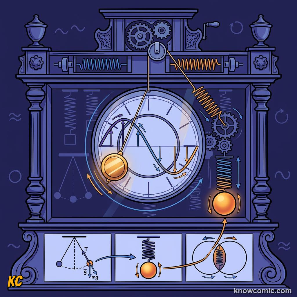 Comic panel about simple harmonic motion: Why Things Return To Center, Energy Swap, educational kids illustration