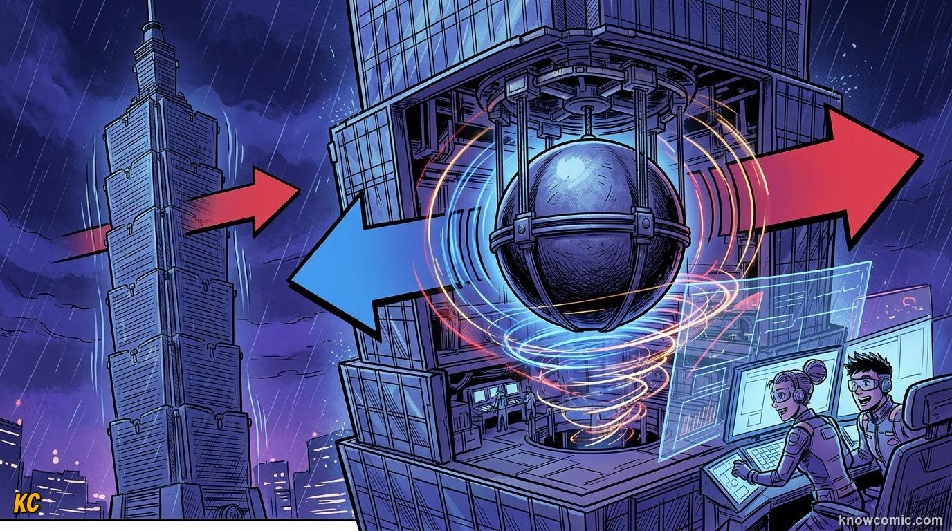 Comic panel about damping & resonance: Back And Forth, educational kids illustration