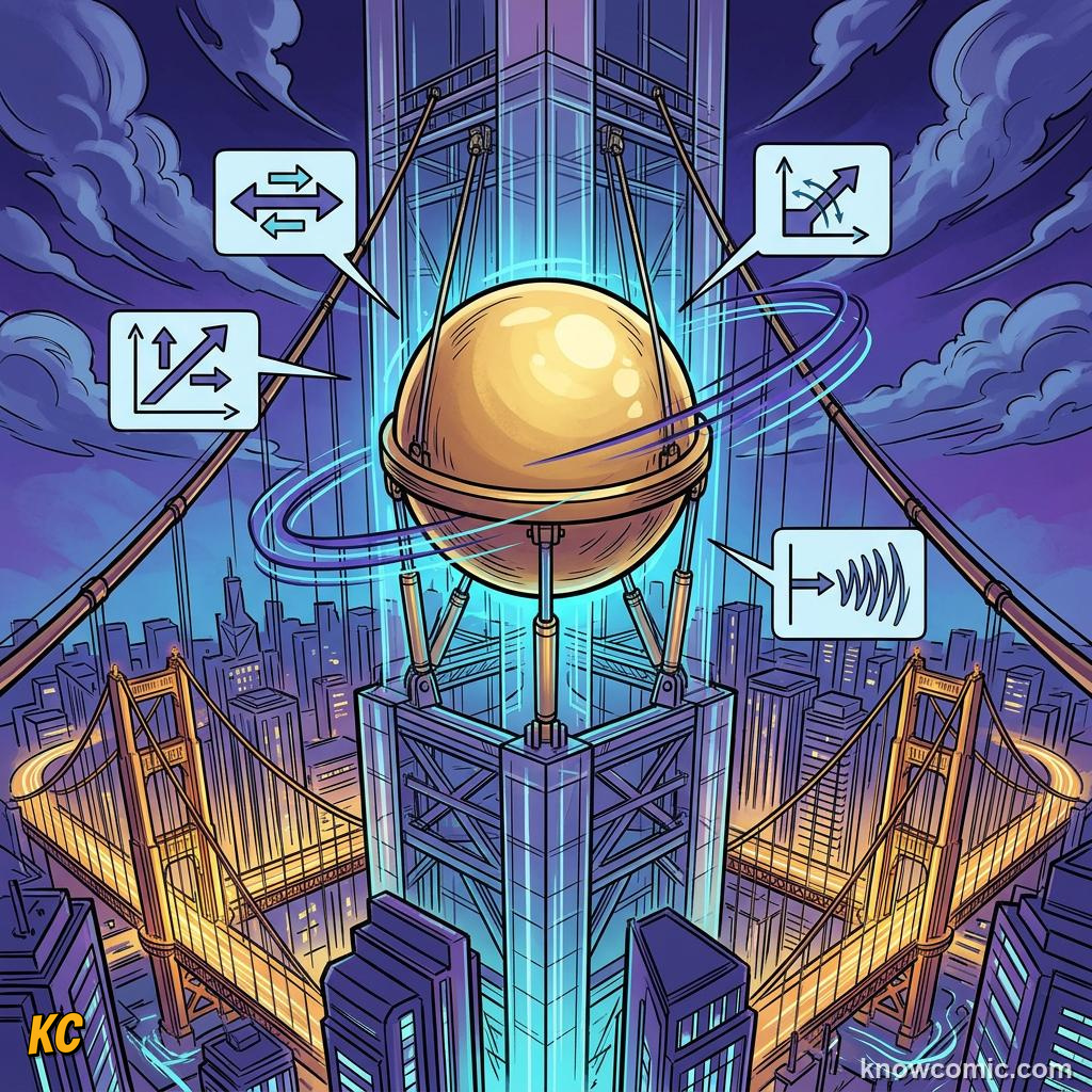 Comic panel about damping & resonance: What Is A Vibration?, Natural Freq, educational kids illustration