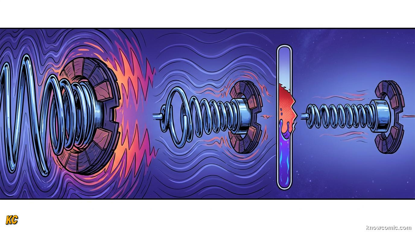 Comic panel about damping & resonance: Friction Fights Motion, educational kids illustration