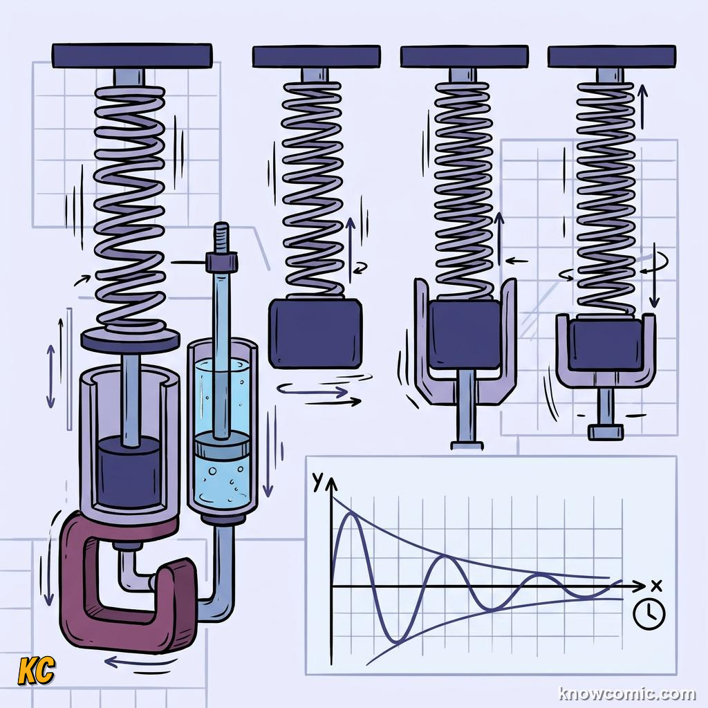 Comic panel about damping & resonance: What Is Damping?, Low Damping, educational kids illustration