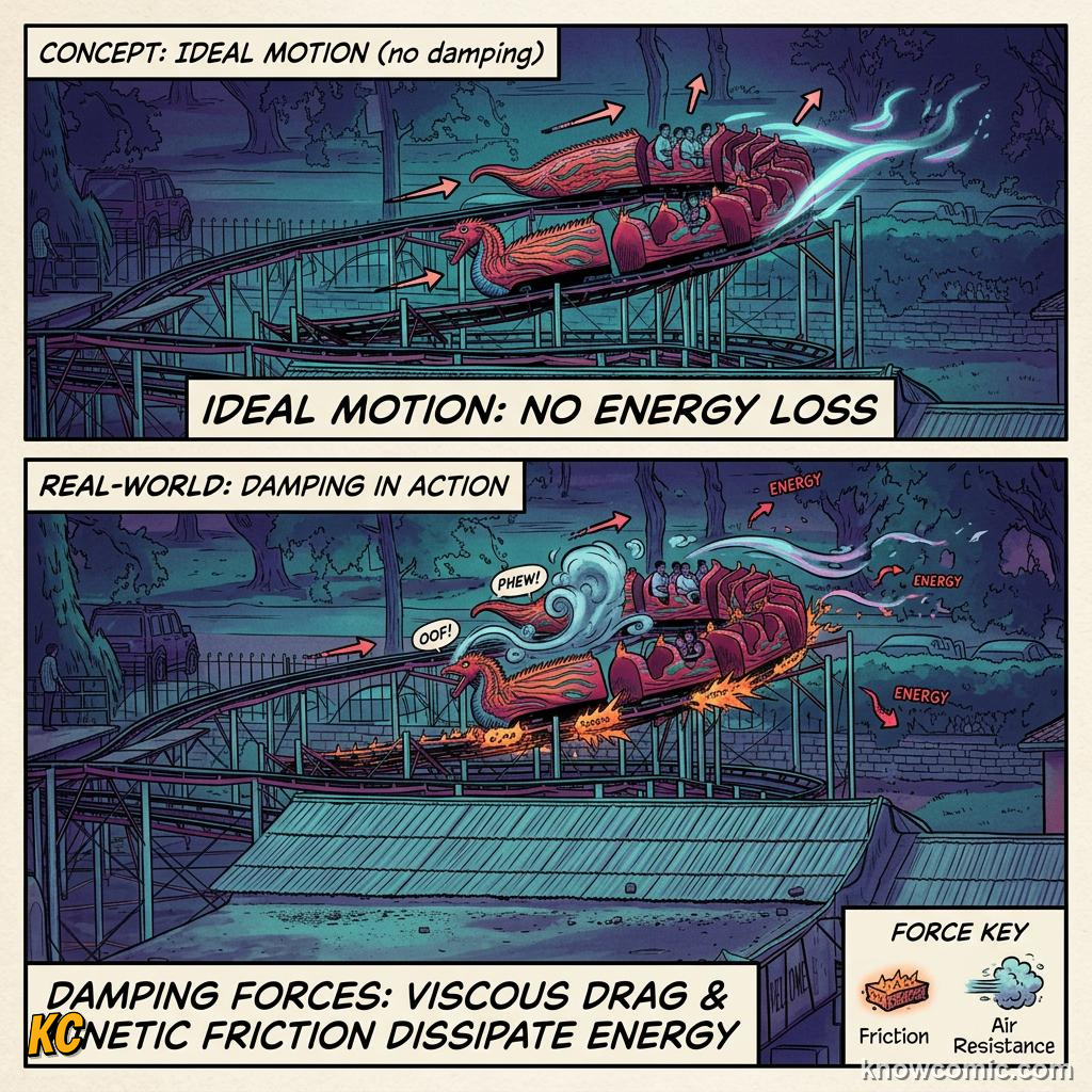 Comic panel about damping & resonance: Energy Goes Where?, educational kids illustration