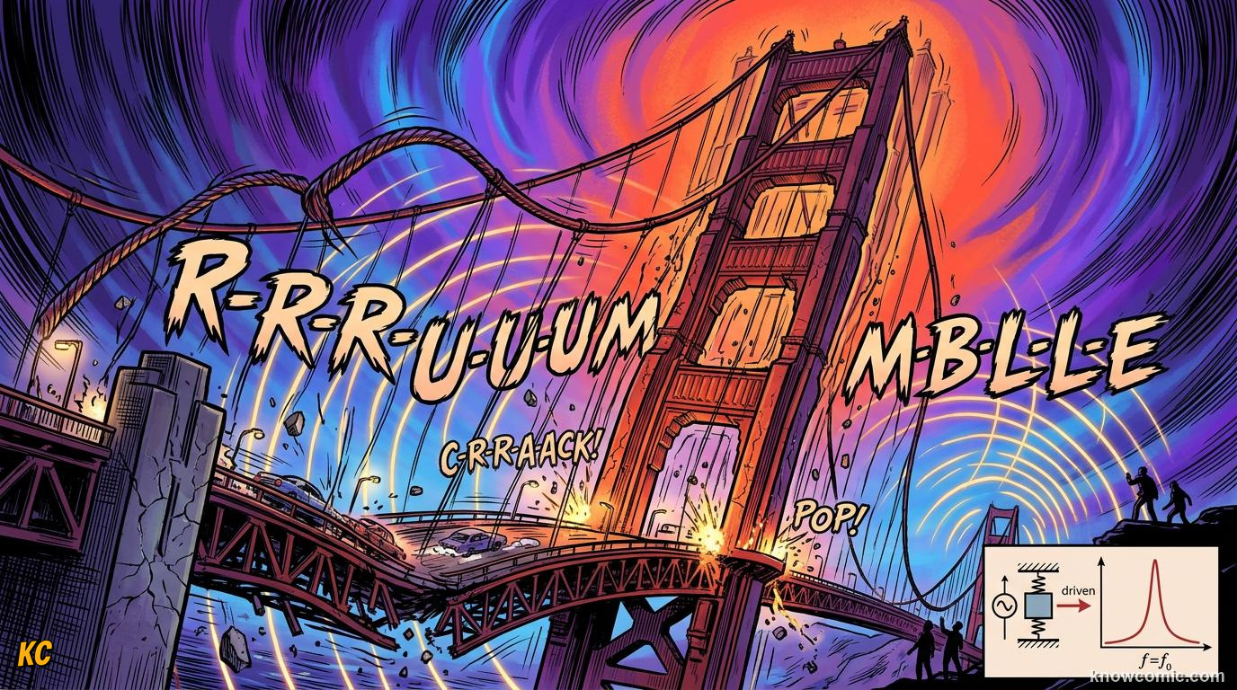Comic panel about damping & resonance: Resonance, educational kids illustration