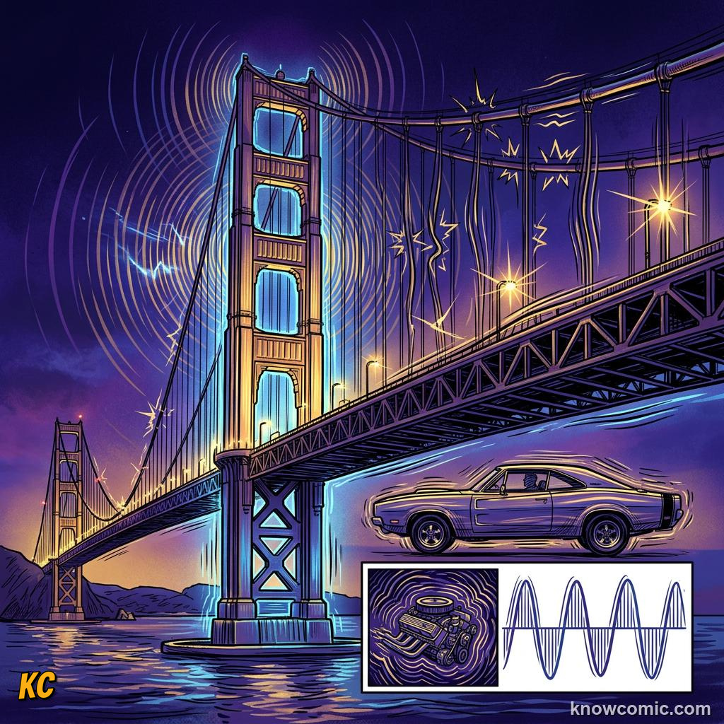 Comic panel about damping & resonance: Push In Rhythm, educational kids illustration