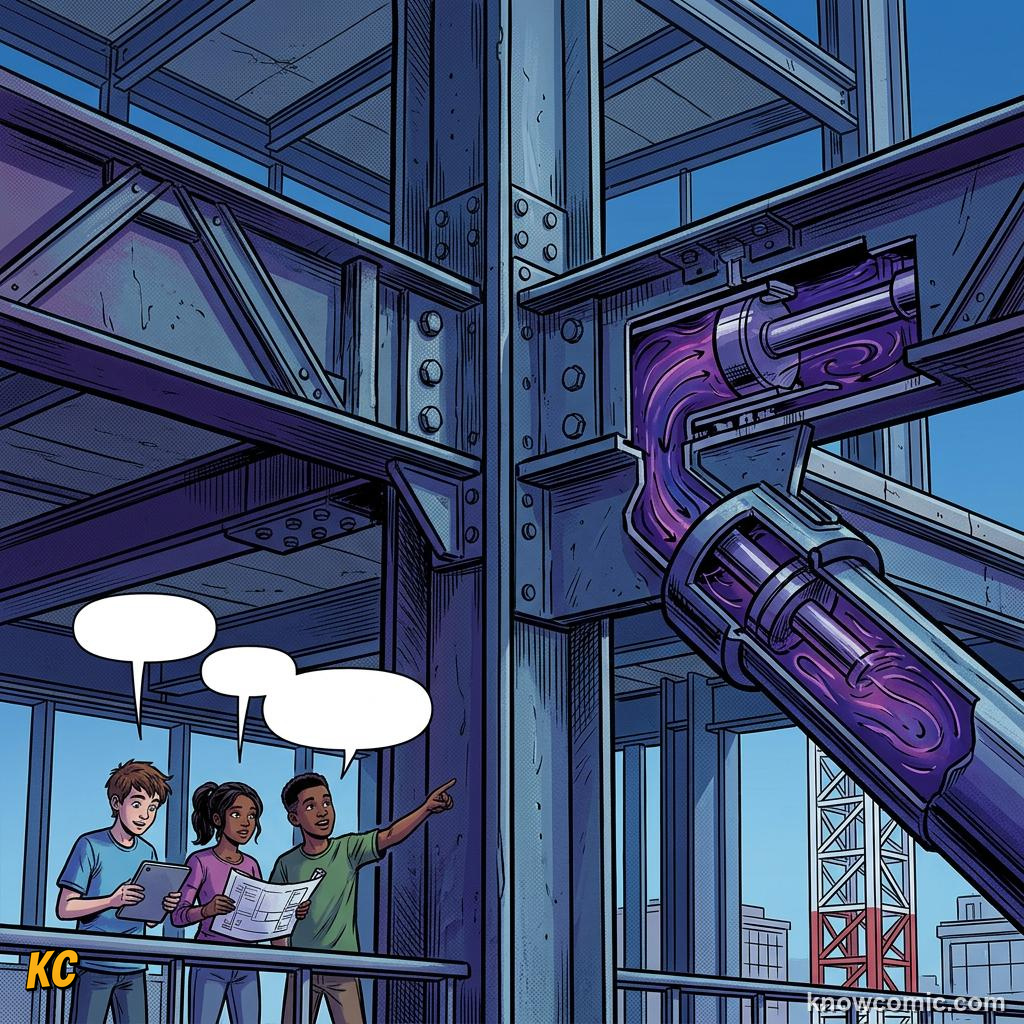 Comic panel about damping & resonance: Base Isolation, educational kids illustration