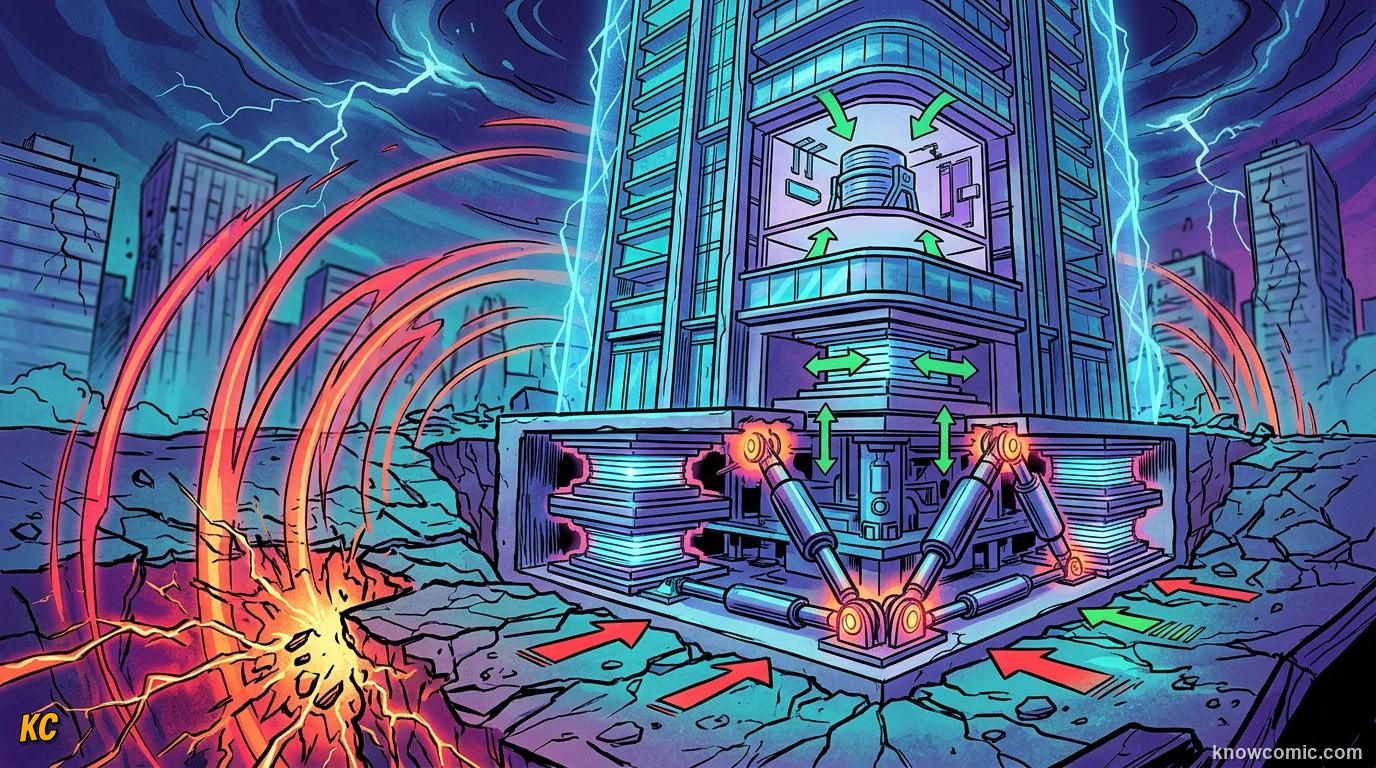 Comic panel about damping & resonance: Vibration Engineering, educational kids illustration