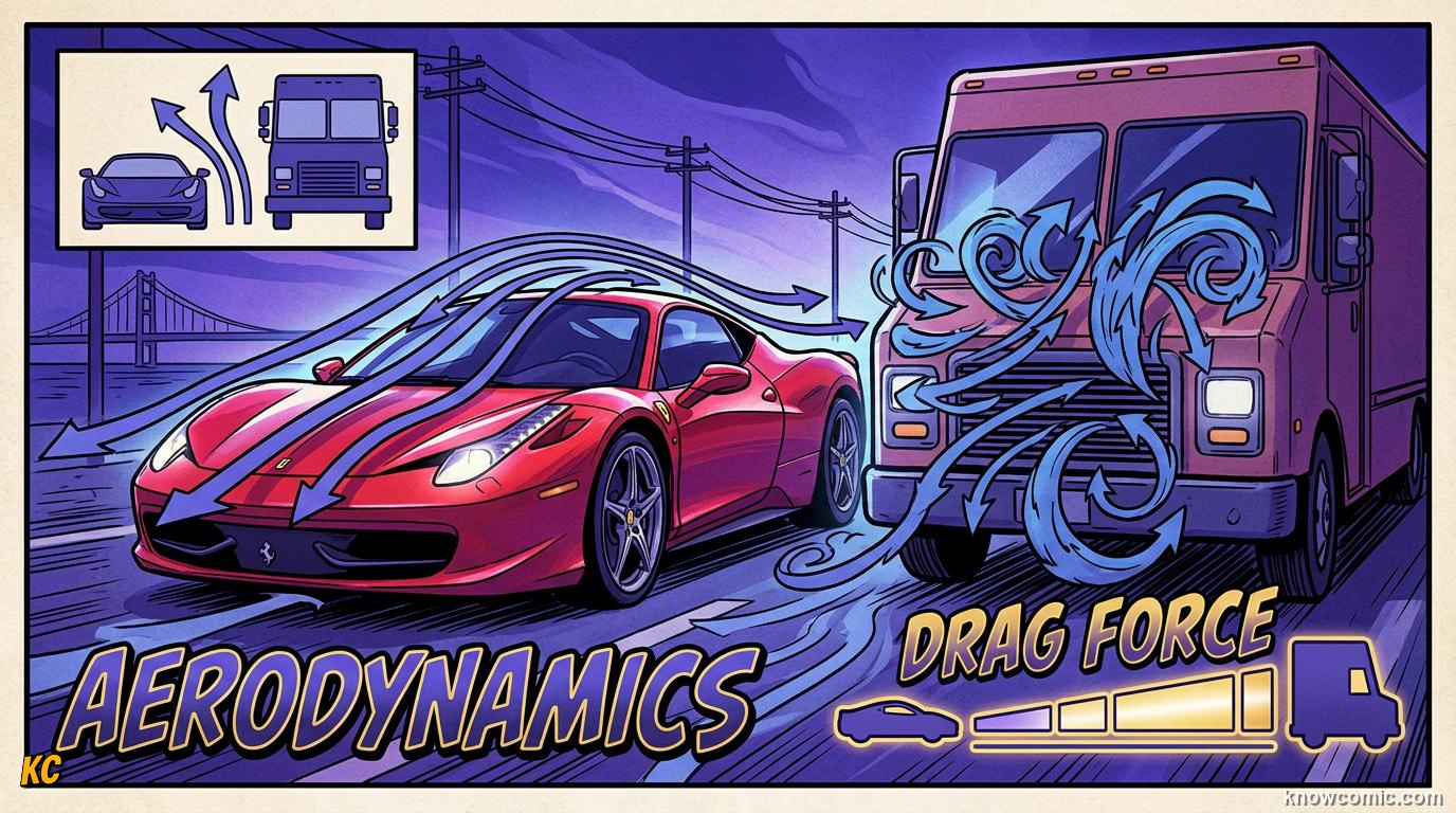 Comic panel about aerodynamic drag: Pushing Through Air, educational kids illustration