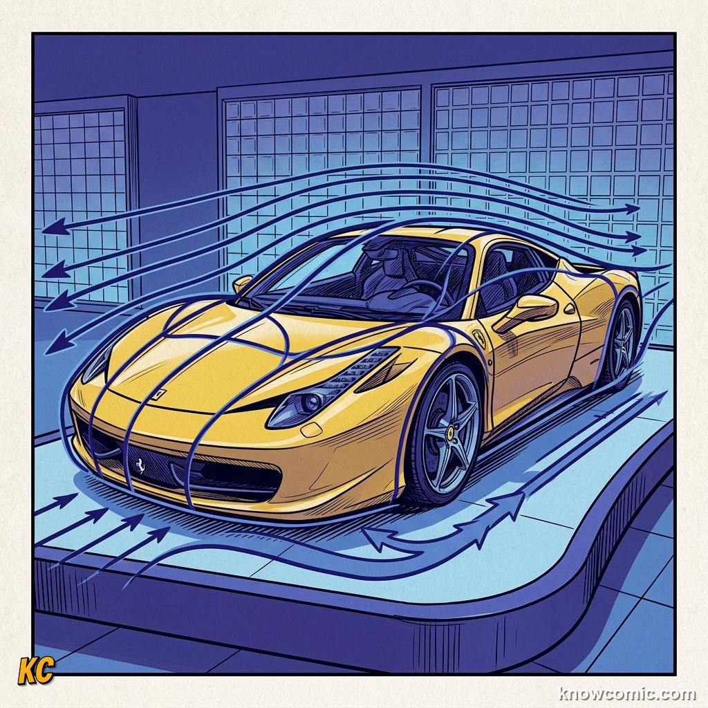 Comic panel about aerodynamic drag: Turbulent, educational kids illustration