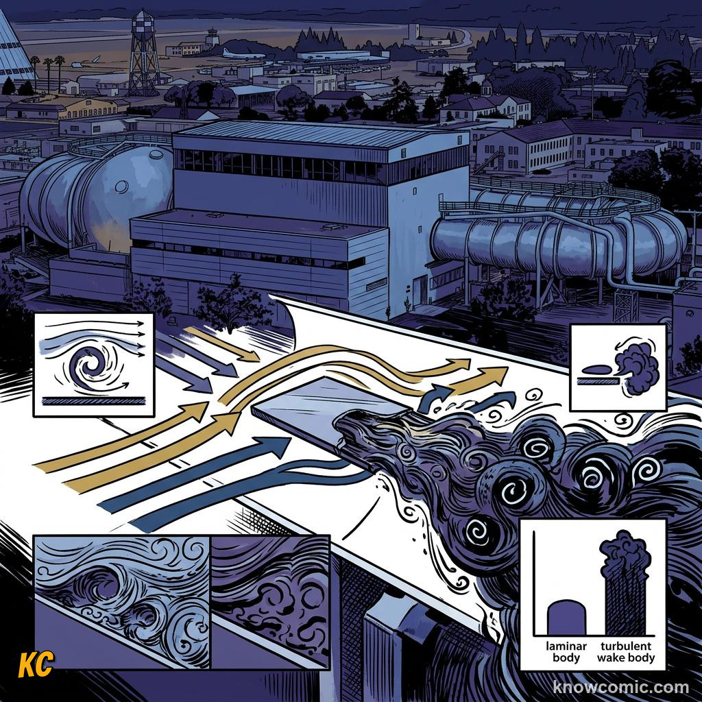 Comic panel about aerodynamic drag: Wake Zone, educational kids illustration