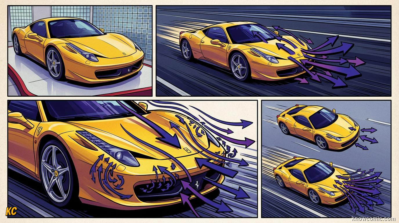 Comic panel about aerodynamic drag: Drag Coefficient, educational kids illustration