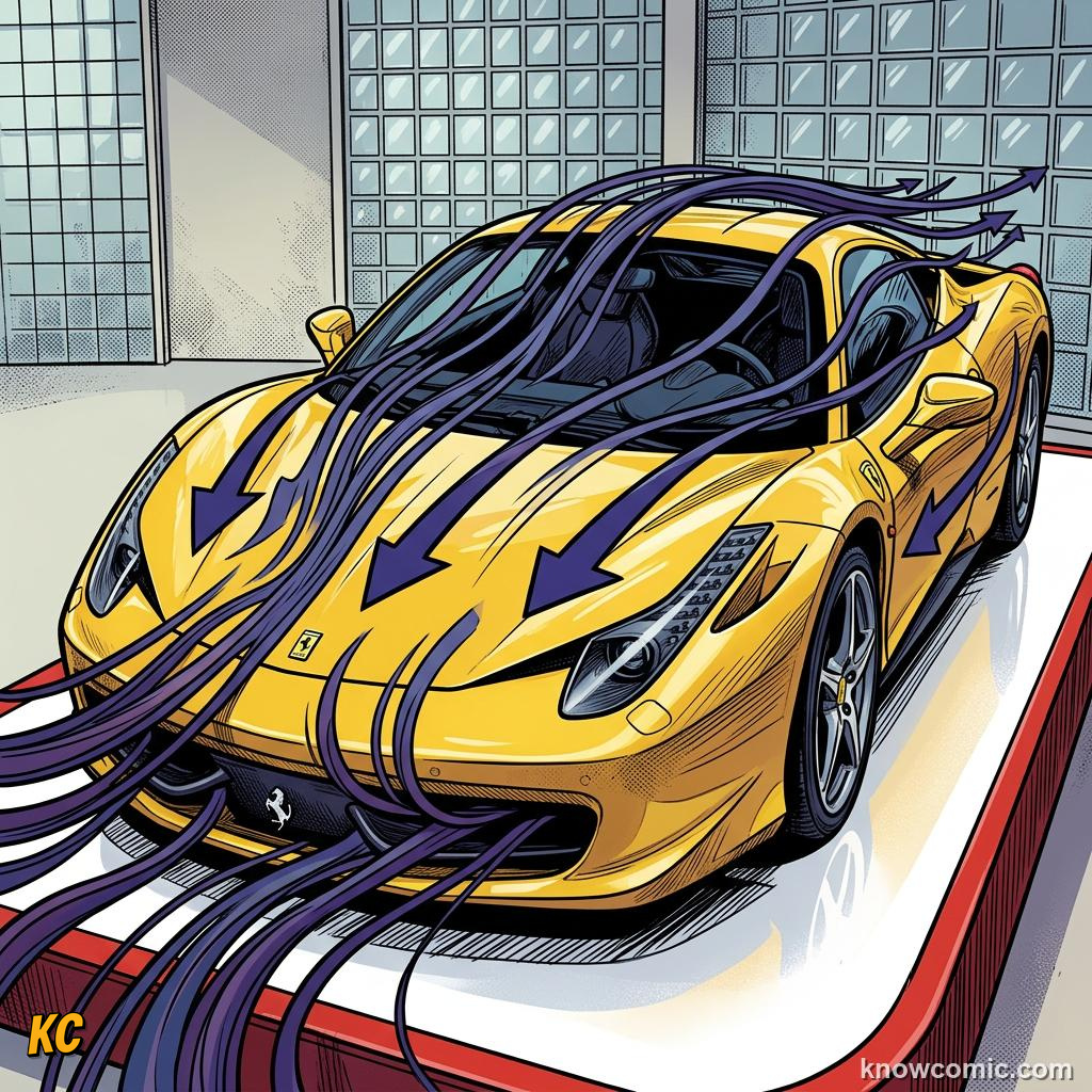 Comic panel about aerodynamic drag: Sports Car, educational kids illustration