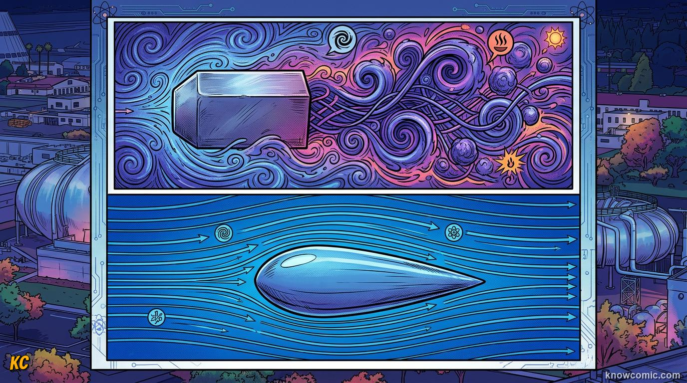 Comic panel about aerodynamic drag: Form Decides The Fight, Faster Means Harder, educational kids illustration