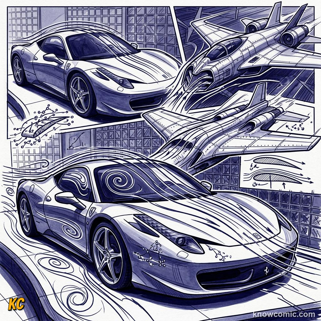 Comic panel about aerodynamic drag: Designing For Less Drag, Real World, educational kids illustration