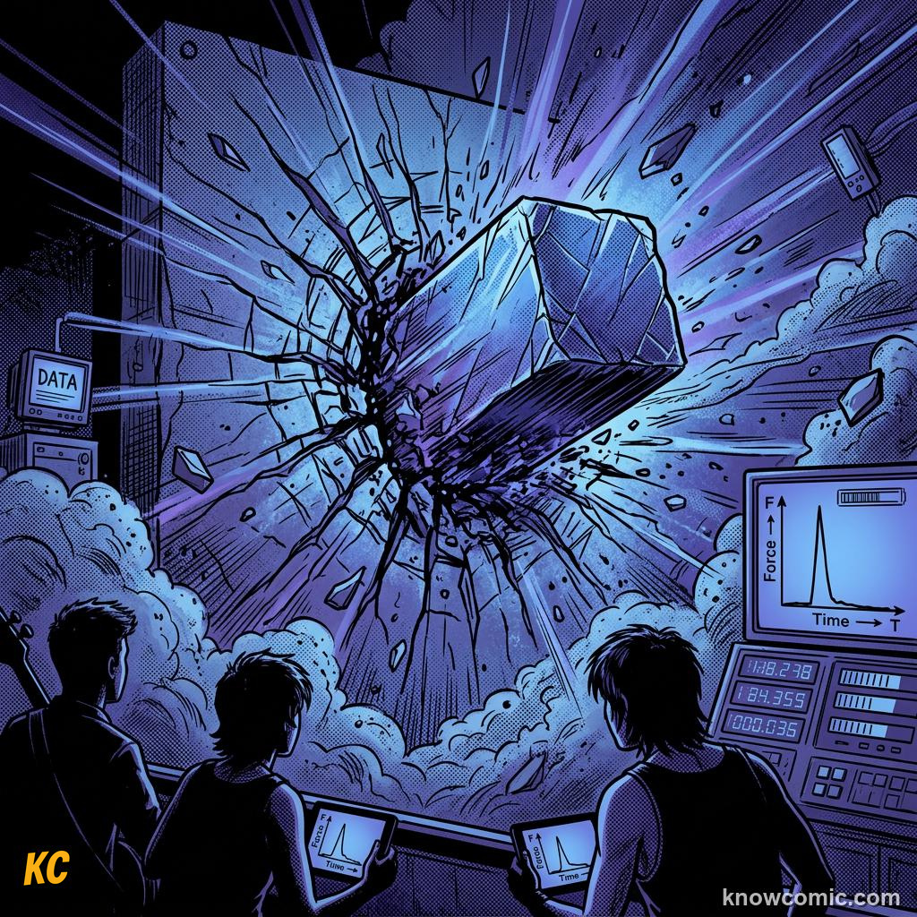 Comic panel about impact & impulse: Impulse Equals Momentum Change, Fixed Δp, educational kids illustration