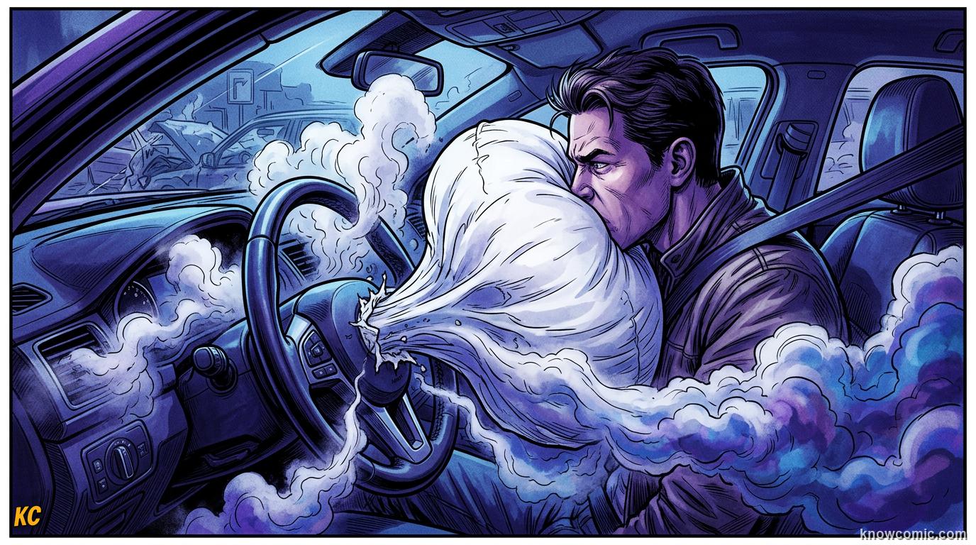Comic panel about impact & impulse: The Car Crumples On Purpose, Restraint Systems, educational kids illustration