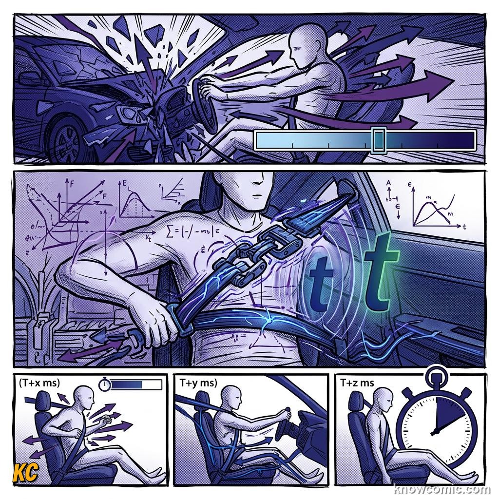 Comic panel about impact & impulse: Airbag, educational kids illustration